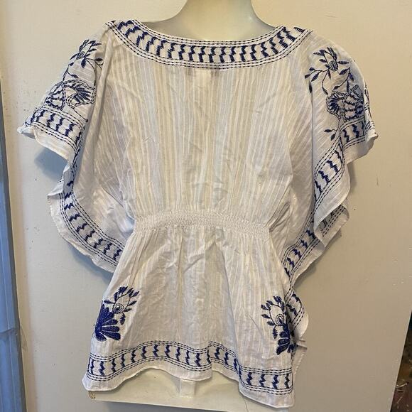 Y2K Uno Core Kimono Top Blouse White Blue Embroidered Coastal Beach Boho Women S - Picture 8 of 8